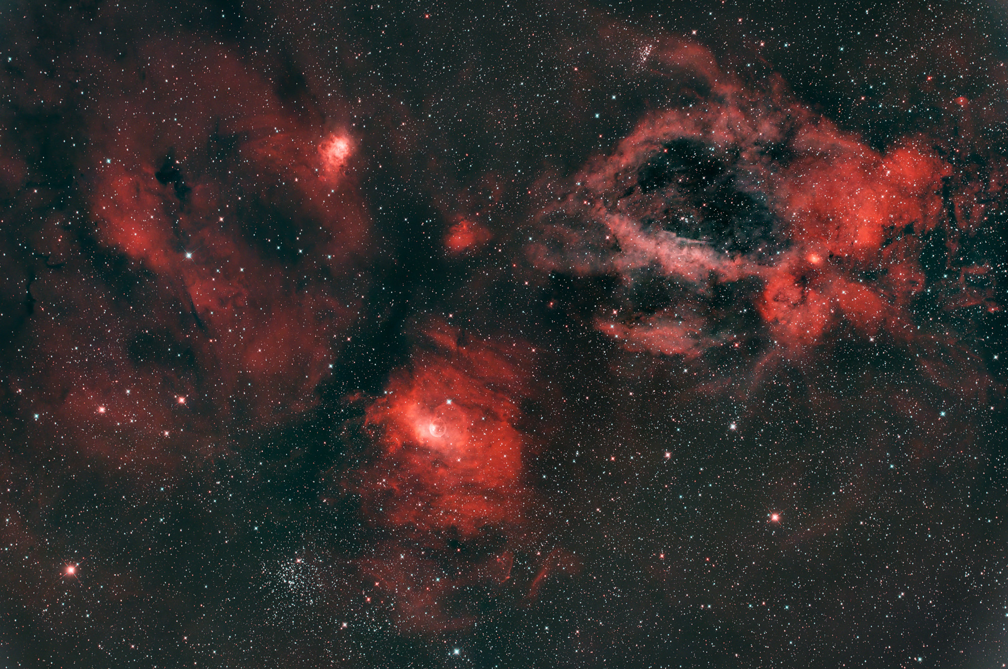The Lobster Claw Nebula Sh2-157 is a bright emission nebula in the constellation of Cassiopeia. Left below Bubble Nebula NGC7635 and again left below open star cluster M52.